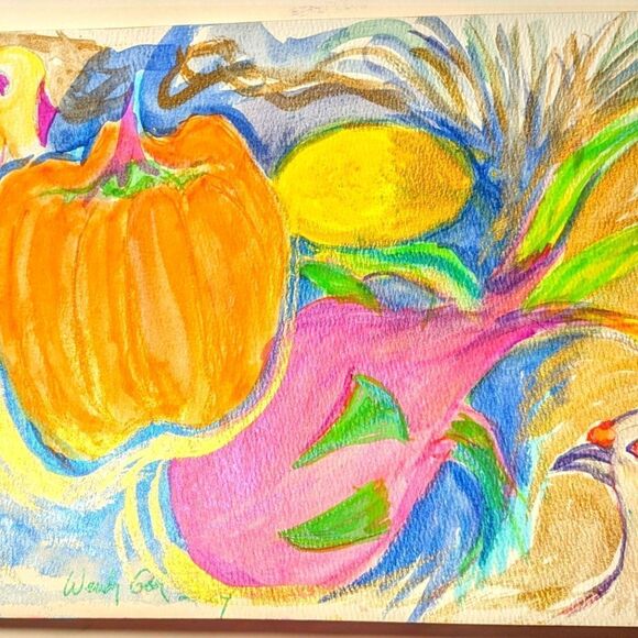 Wendy Gell art watercolor dragon fruit, hot pepper, lemon birds. - Picture 2 of 2